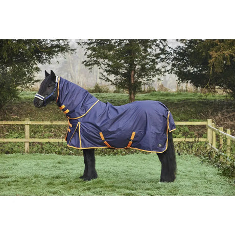 Navy blue firefoot turnout rug zero fill with orange trim and detachable neck snug fit with adjustable straps