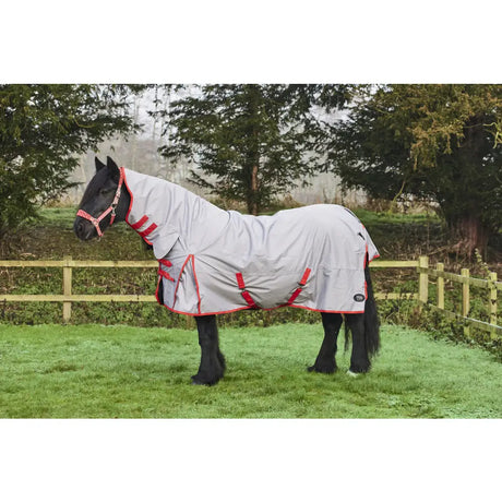 Gray firefoot turnout rug zero fill fixed neck grey with red trim and adjustable straps for equestrian use
