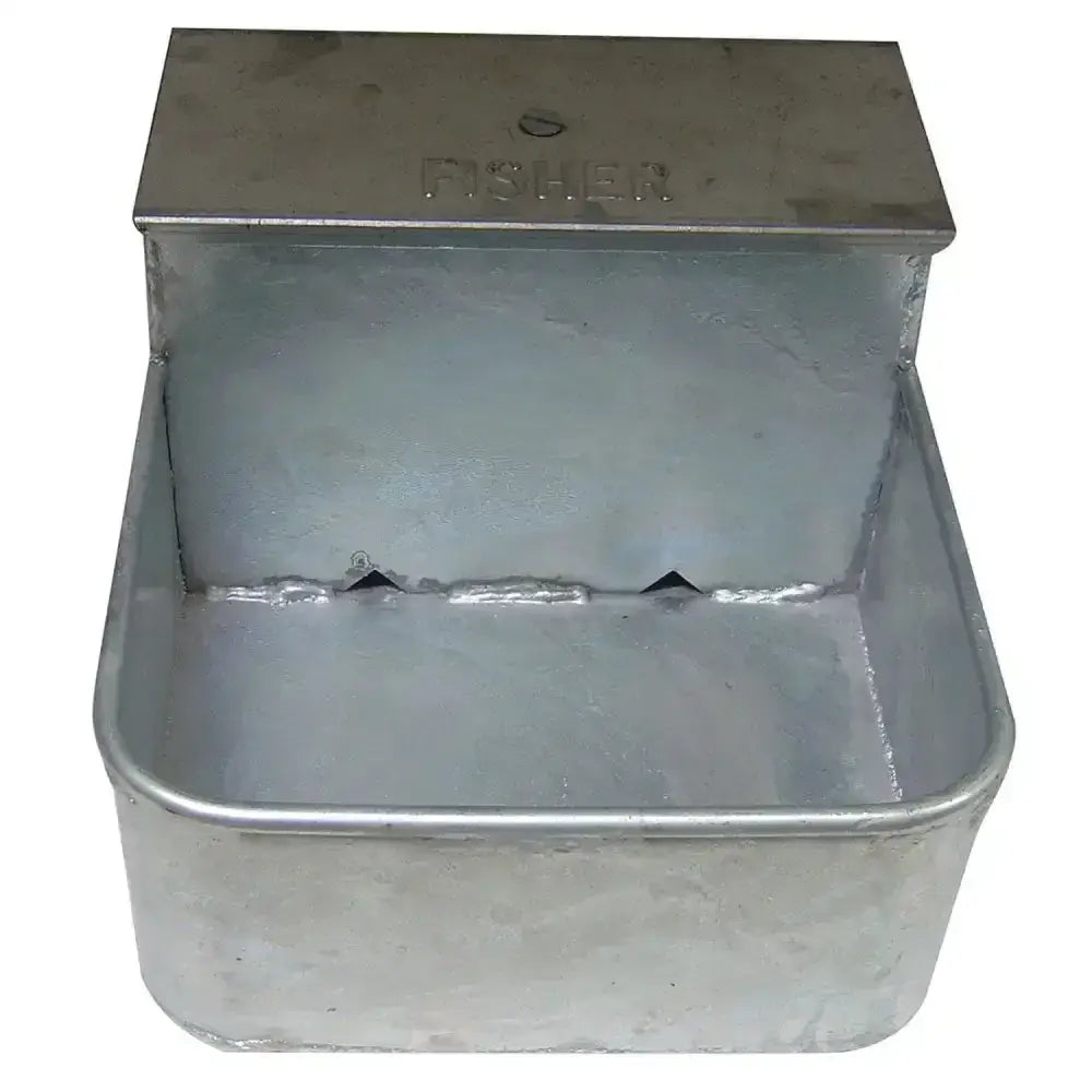 Silver galvanized metal fisher alvin a103 equine drinker with hinged lid and triangular openings heavy gauge waterer