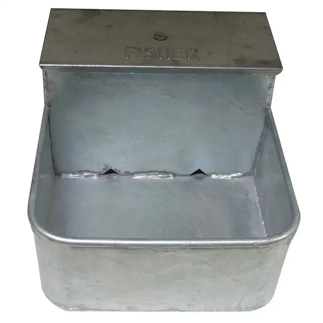 Silver galvanized metal fisher alvin a103 equine drinker with hinged lid and triangular openings heavy gauge waterer