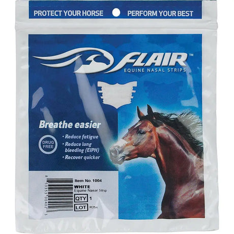 White flair nasal strips in blue and white pack designed to help obligate nasal breather horses breathe easier