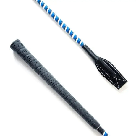 Black leather flat jump bat whip with textured grip and blue white striped shaft 65cm bat whip black