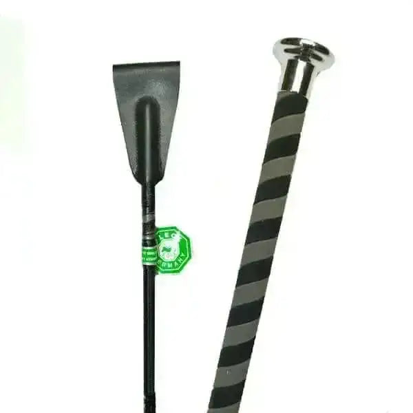 Black and gray striped fleck short riding crop with a silver-tipped nubuck handle and nylon braided fibreglass shaft