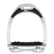 Silver and black flex-on aluminium stirrups with transparent frame, inclined footbed, and elastomer shock absorbers