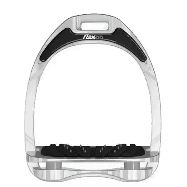 Silver and black flex-on aluminium stirrups with transparent frame, inclined footbed, and elastomer shock absorbers