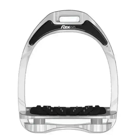 Silver and black flex-on aluminium stirrups with transparent frame, inclined footbed, and elastomer shock absorbers