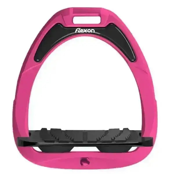 Pink flex-on horse saddle stirrup with black rubber grip and textured footbed for flex-on green composite junior use