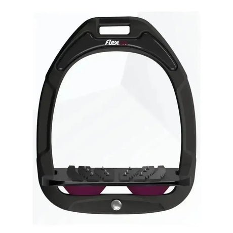 Black flex saddle pad with purple rubber inserts and textured grip paired with flex-on green composite stirrups inclined ultra grip