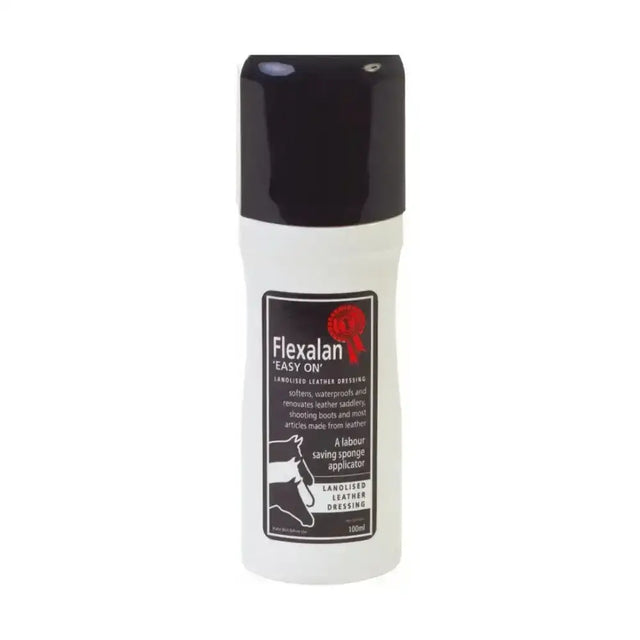 White plastic bottle with black cap and label of flexalan lanolised leather dressing for easy leather care