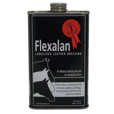 Black rectangular can of flexalan lanolised leather dressing with silver lid and red quality ribbon perfect for horse tack