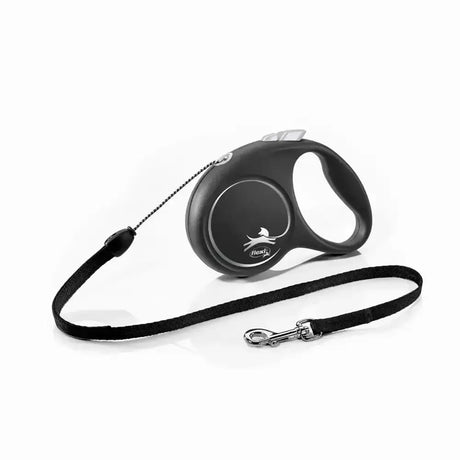 Black retractable dog leash flexi black design with modern ergonomic handle and perfected tape guidance silver accents