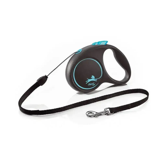 Flexi black design retractable dog leash with modern ergonomic design and perfected tape guidance in black and teal