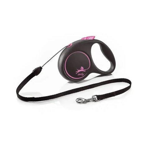 Black and pink retractable dog leash with modern ergonomic design and perfected tape guidance from flexi black design