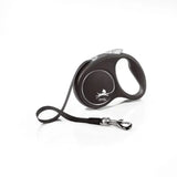Black retractable dog leash flexi black design with perfected tape guidance and modern ergonomic design in silver accents