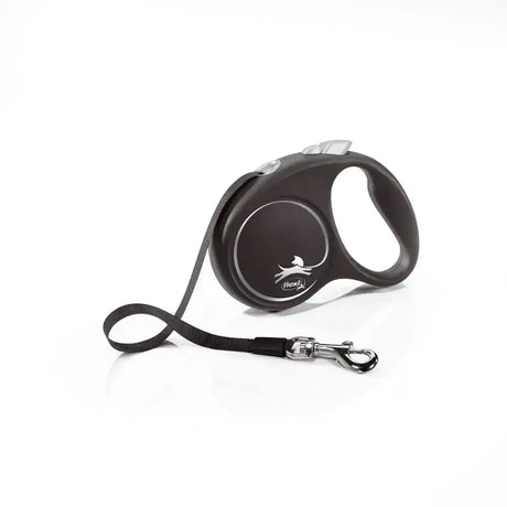 Black retractable dog leash flexi black design with perfected tape guidance and modern ergonomic design in silver accents