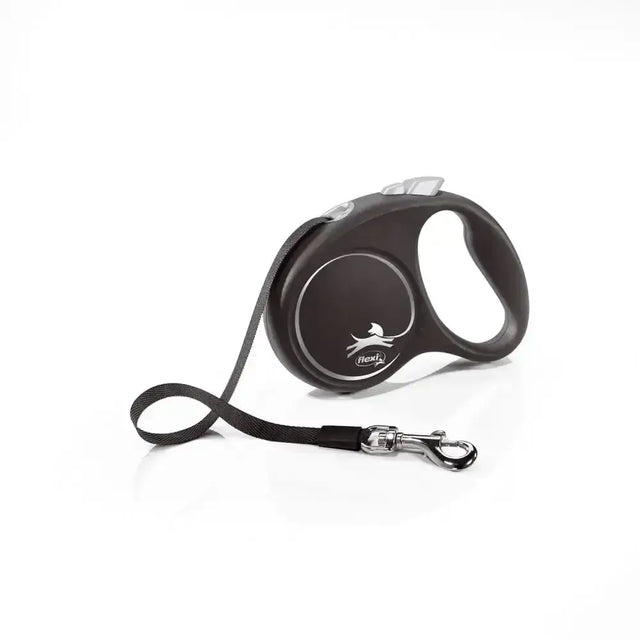 Black retractable dog leash flexi black design with perfected tape guidance and modern ergonomic design in silver accents