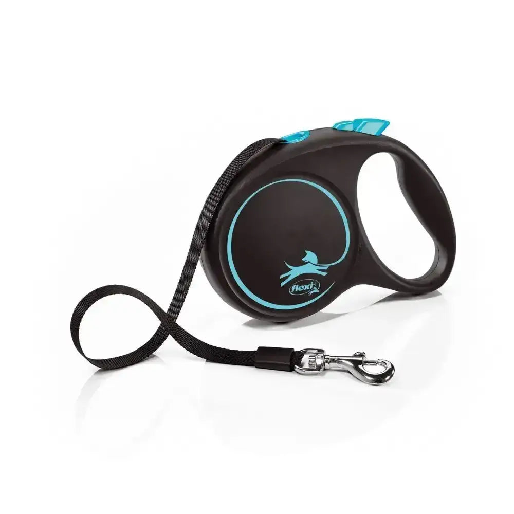 Flexi black design tape blue retractable dog leash with teal accents silver clasp and hex brand logo in modern ergonomic design