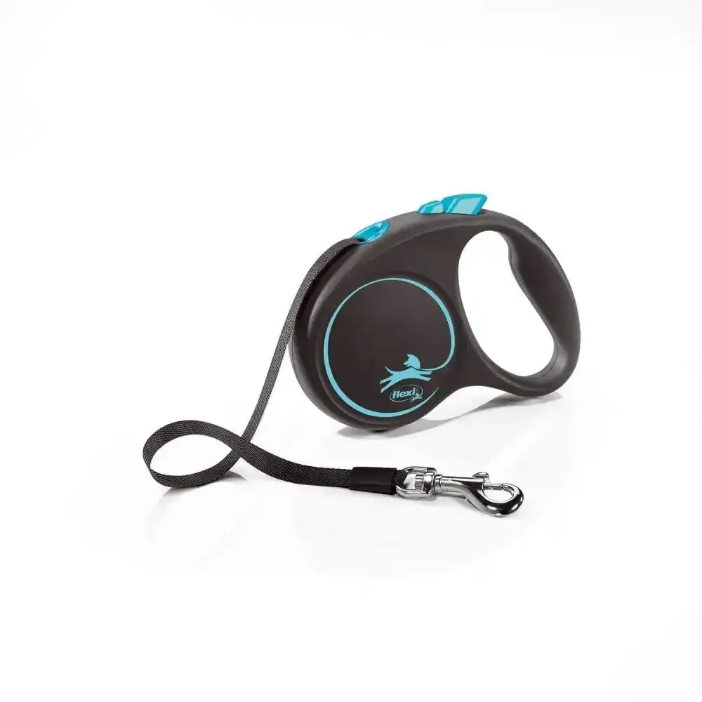 Black retractable dog leash with teal accents and silver clasp featuring flexi black design and modern ergonomic design