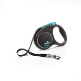 Black retractable dog leash with teal accents and silver clasp featuring flexi black design and modern ergonomic design