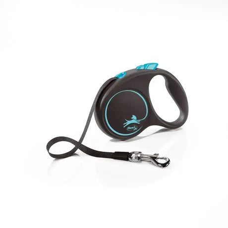 Black retractable dog leash with teal accents and silver clasp featuring flexi black design and modern ergonomic design