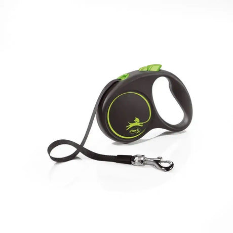 Flexi black design retractable dog leash with lime green accents silver metal clasp and modern ergonomic design