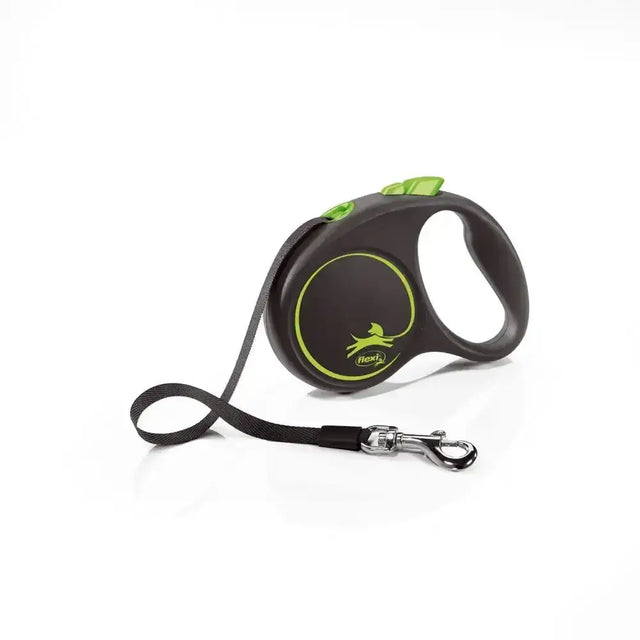 Flexi black design retractable dog leash with lime green accents silver metal clasp and modern ergonomic design