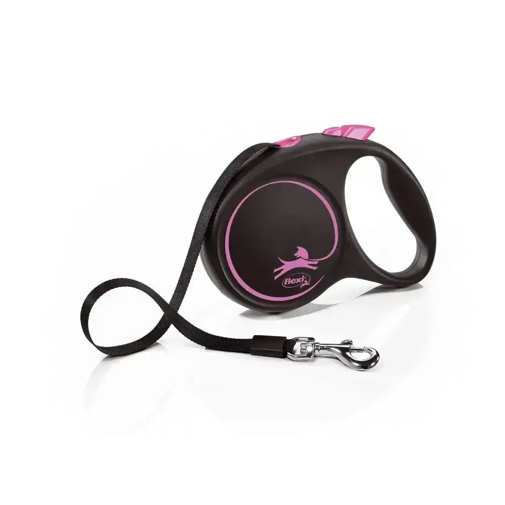 Flexi black design retractable dog leash in black and pink with modern ergonomic design and perfected tape guidance metal clasp