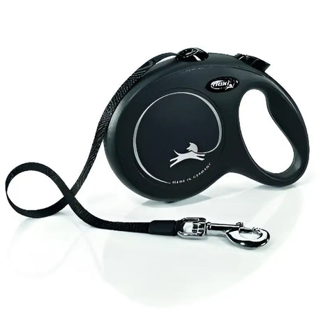 Black flexi classic tape leash with sleek ergonomic handle and silver metal clasp 5 m length