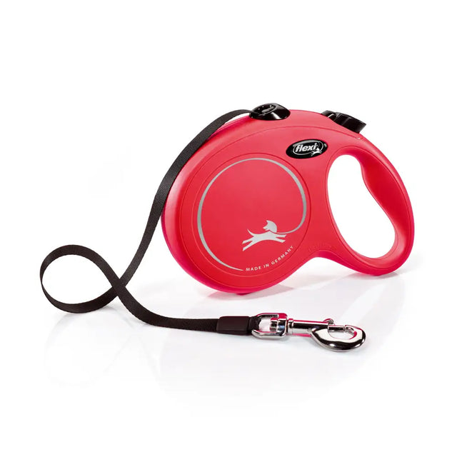 Red flexi classic tape retractable dog leash with black strap silver clasp and ergonomic handle design 5 m length