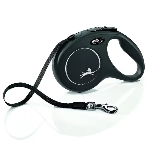 Black flexi classic tape medium retractable dog lead with ergonomic handle and silver logo detailing 5 m length