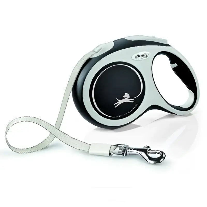 Silver and black retractable dog leash with sleek flexi comfort tape design featuring rexy brand on casing