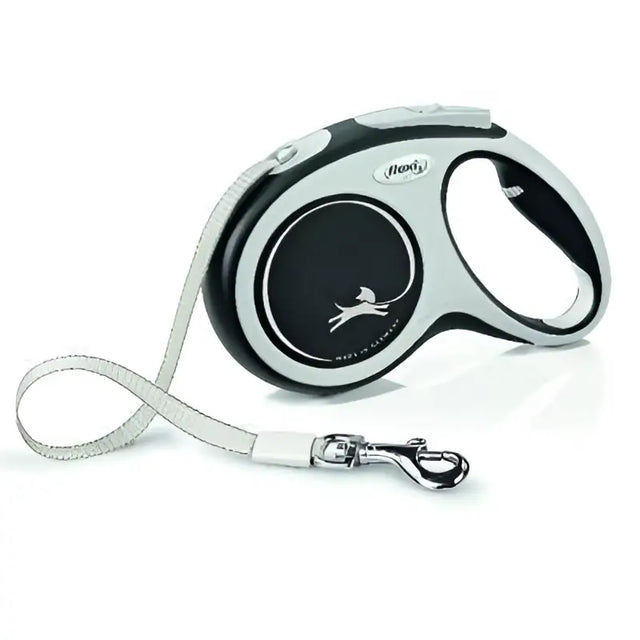 Silver and black flexi comfort medium retractable dog lead with sleek design and hendy branding on casing