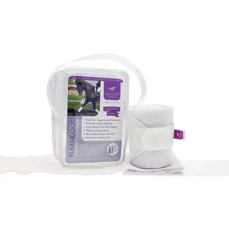 White flexi-cool combination bandages in clear packaging with purple branding and a rolled-up sample showing max support