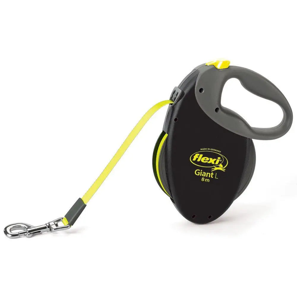 Black and yellow flexi giant neon tape l black retractable dog leash with gray handle and 8 meter tape length