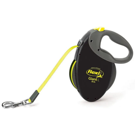 Black and yellow flexi giant neon tape l black retractable dog leash with gray handle and 8 meter tape length