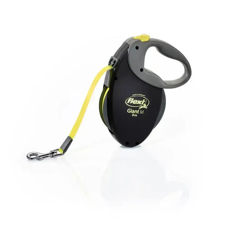 Black flexi giant neon tape yellow retractable dog leash with bright yellow cord gray handle and metal clasp featuring perfected tape guidance