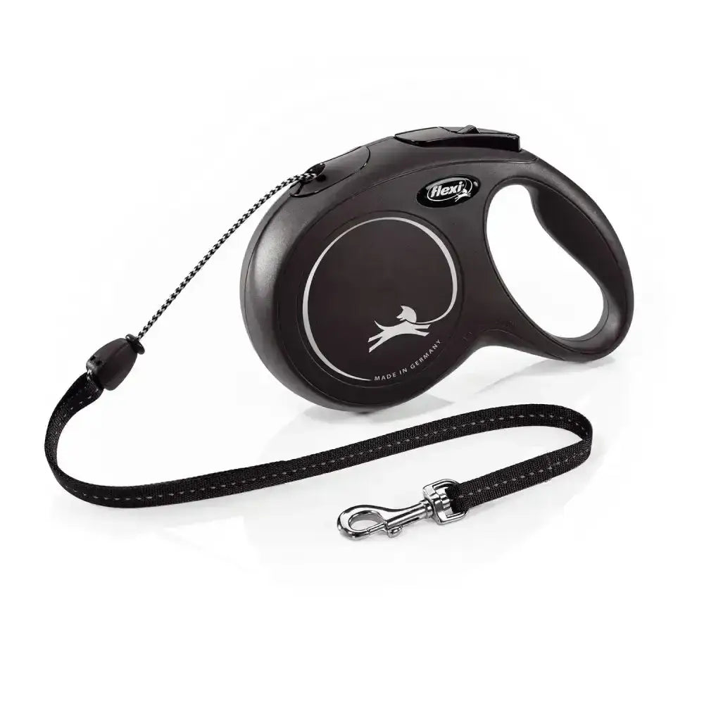 Black flexi new classic cord black dog leash with modern ergonomic design and perfected tape guidance strap with white stitching