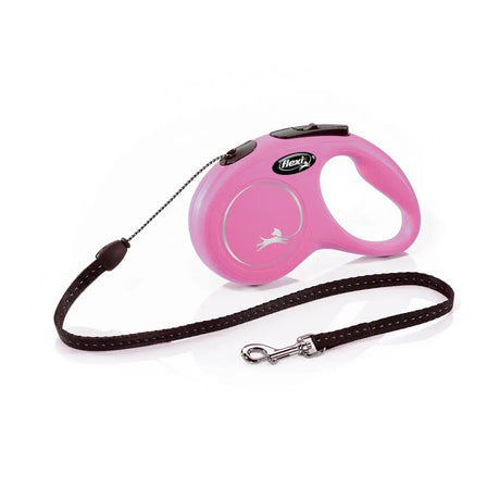 Pink flexi new classic cord retractable lead with black fabric strap and silver clasp featuring ergonomic handle design