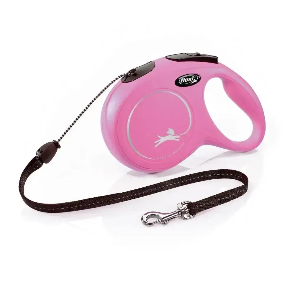 Pink flexi new classic cord pink retractable lead with black fabric strap and silver metal clasp featuring perfected tape guidance