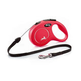 Red flexi new classic cord red retractable dog leash with black webbing, silver clasp, modern ergonomic design, perfected tape guidance