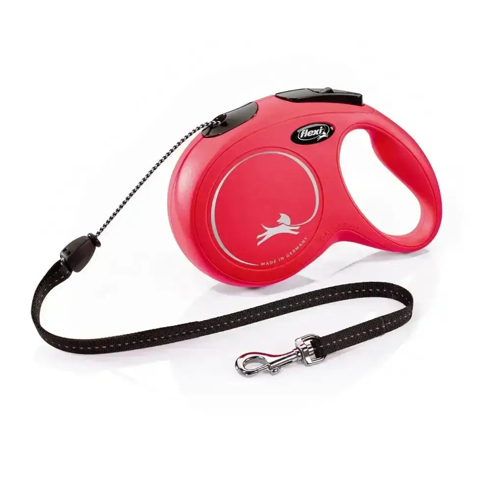Red flexi new classic cord red retractable dog leash with black fabric strap metal clasp and modern ergonomic design
