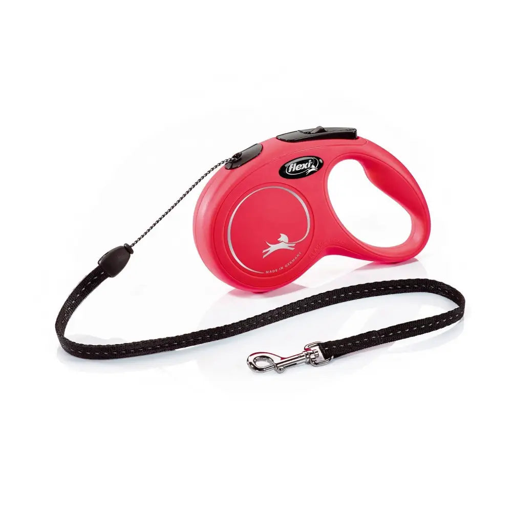 Red flexi new classic cord retractable dog leash with black woven strap and silver clasp featuring modern ergonomic design