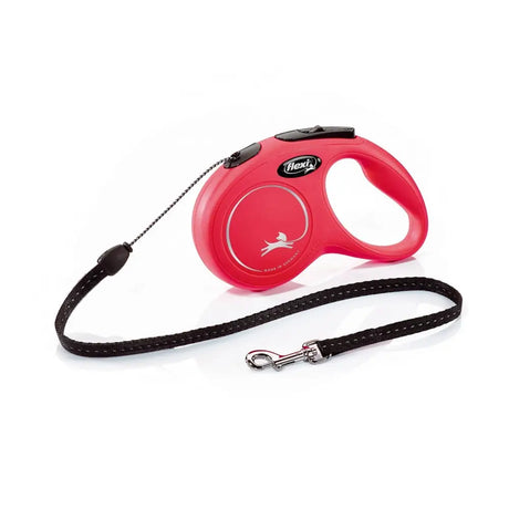 Red flexi new classic cord retractable dog leash with black woven strap and silver clasp featuring modern ergonomic design