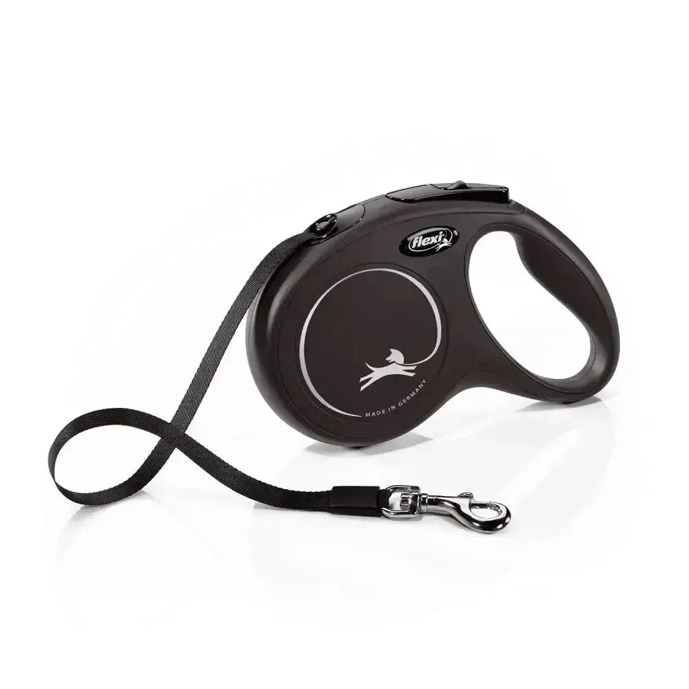 Black retractable dog leash flexi new classic tape black with modern ergonomic design and silver metal clasp for perfected tape guidance