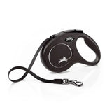 Black retractable dog leash flexi new classic tape black with modern ergonomic design and silver metal clasp for perfected tape guidance