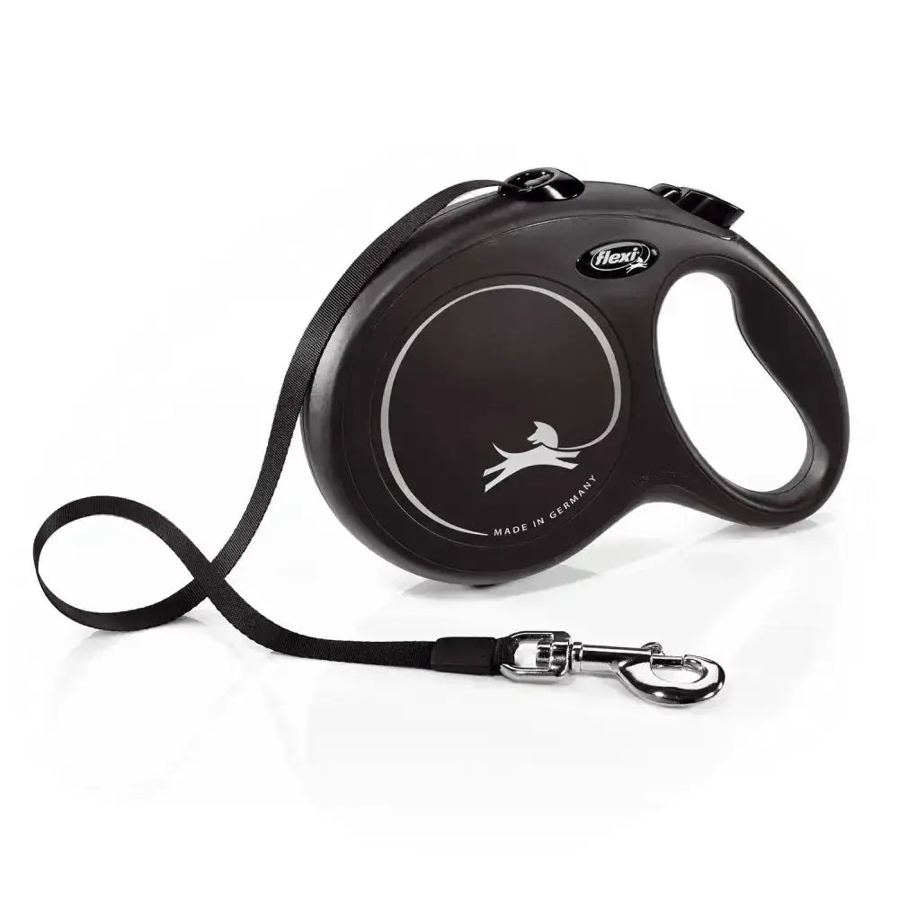 Black retractable dog leash with modern ergonomic design and perfected tape guidance in classic tape black color