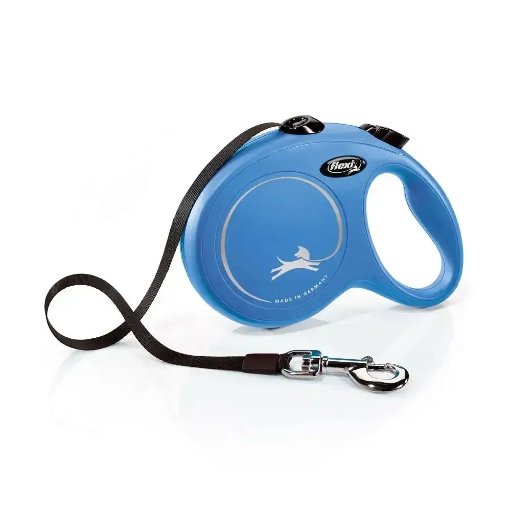 Flexi new classic tape blue retractable dog leash with modern ergonomic design black strap and silver metal clasp