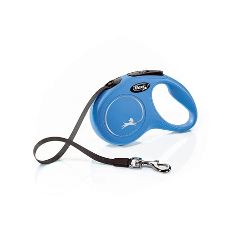 Blue flexi new classic tape leash with black strap and silver clasp featuring modern ergonomic design and perfected tape guidance