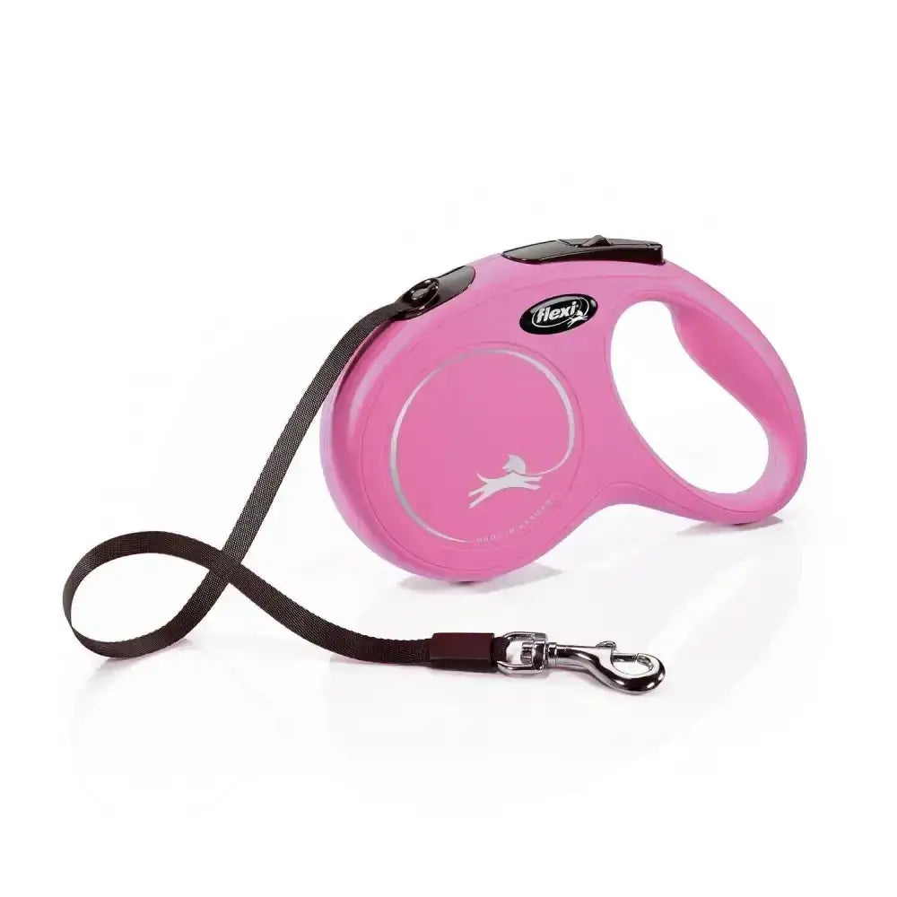Pink flexi new classic tape retractable dog leash with black strap silver clasp and hexit logo modern ergonomic design