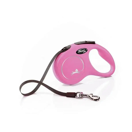 Pink flexi new classic tape pink dog leash with modern ergonomic design and perfected tape guidance black strap silver clasp